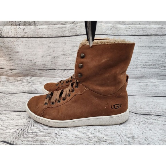 Ugg Women Starlyn Shearling High Top Boot Sneaker Size 9 Brown Lace Up Lined - Picture 2 of 12